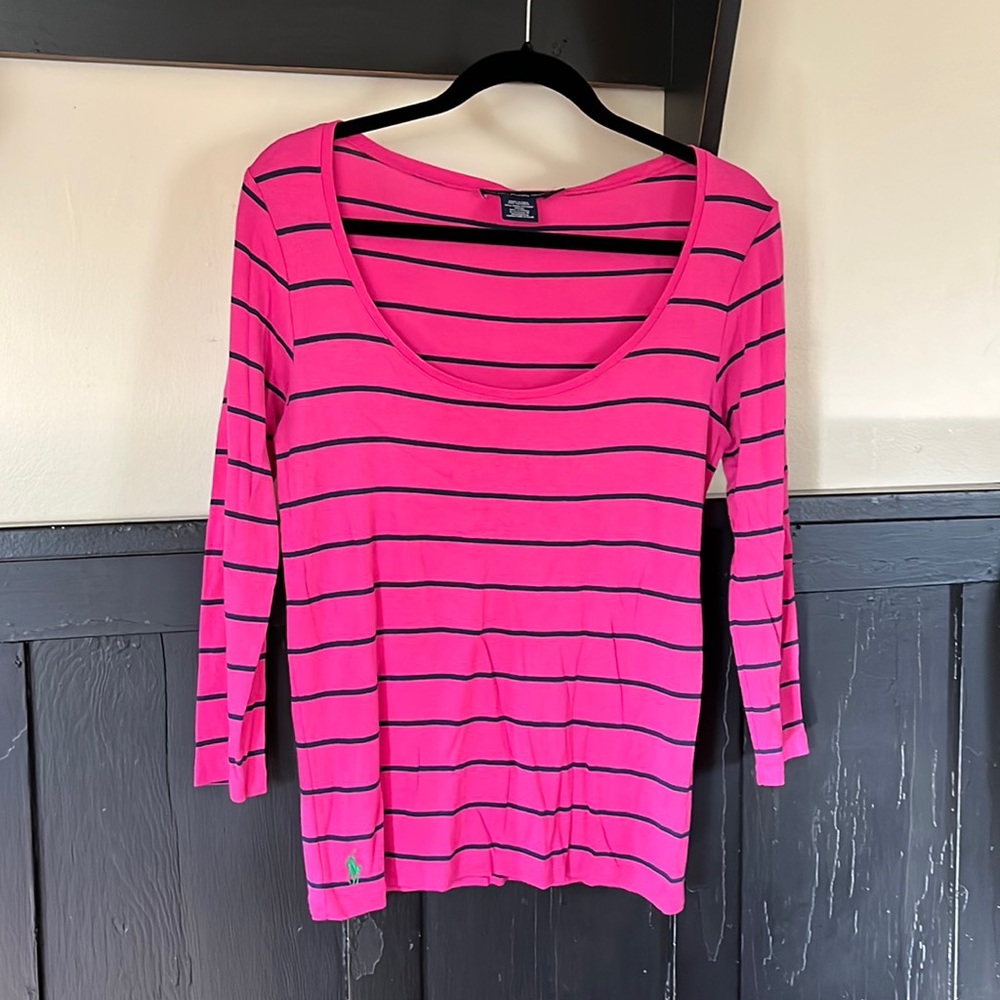 Ralph lauren sport 3:4 sleeve tshirt pink navy stripe L cotton lyocell stretch